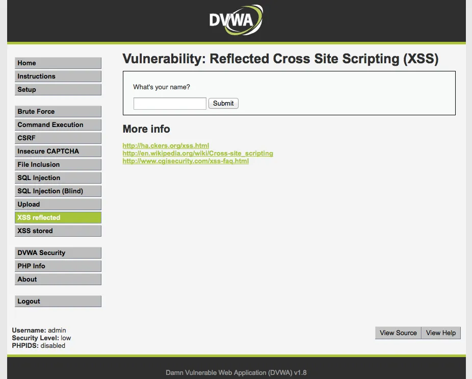 DVWAのXSS Reflectedページ
