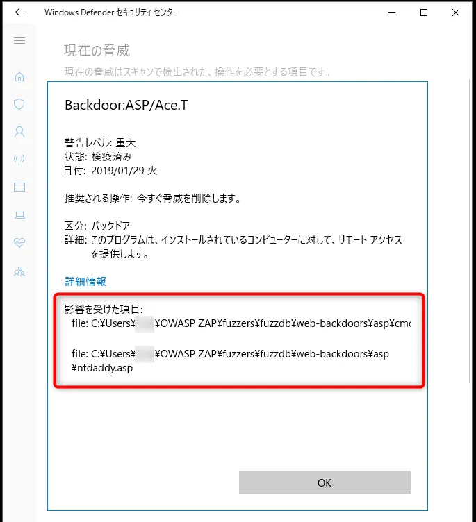 [影響を受けた項目] に表示されたファイル
