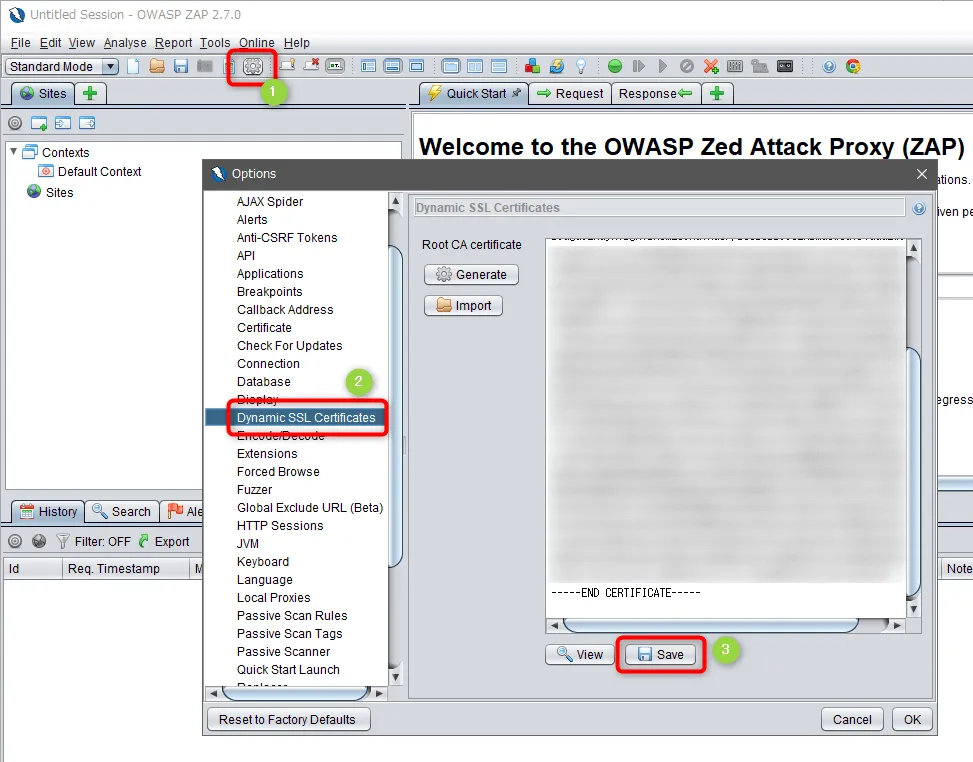 ZAP のルート証明書を保存する